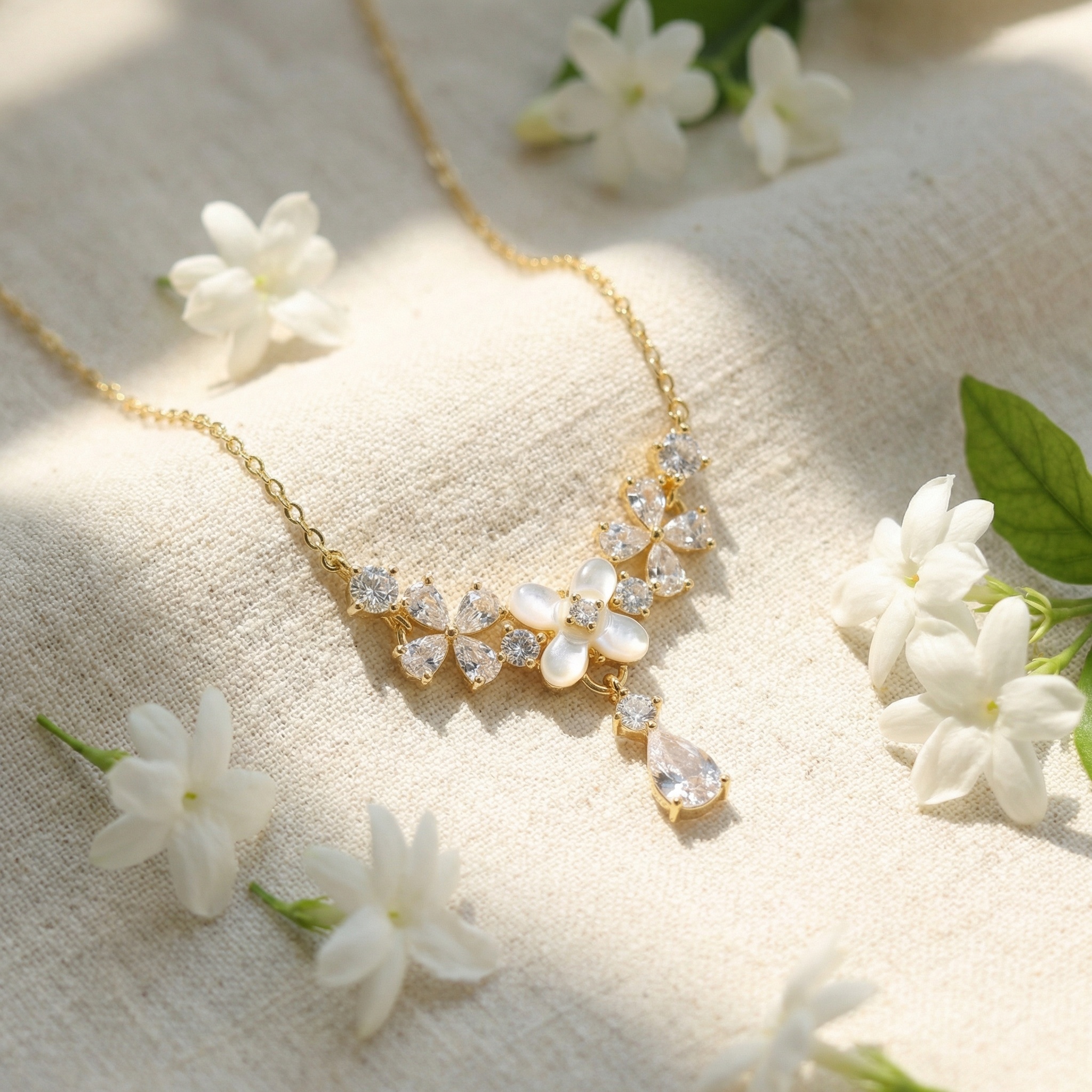 925 Sterling Silver Elegant Mother of Pearl Floral Necklace with Sparkling Pear-Cut Gemstone Accents 
