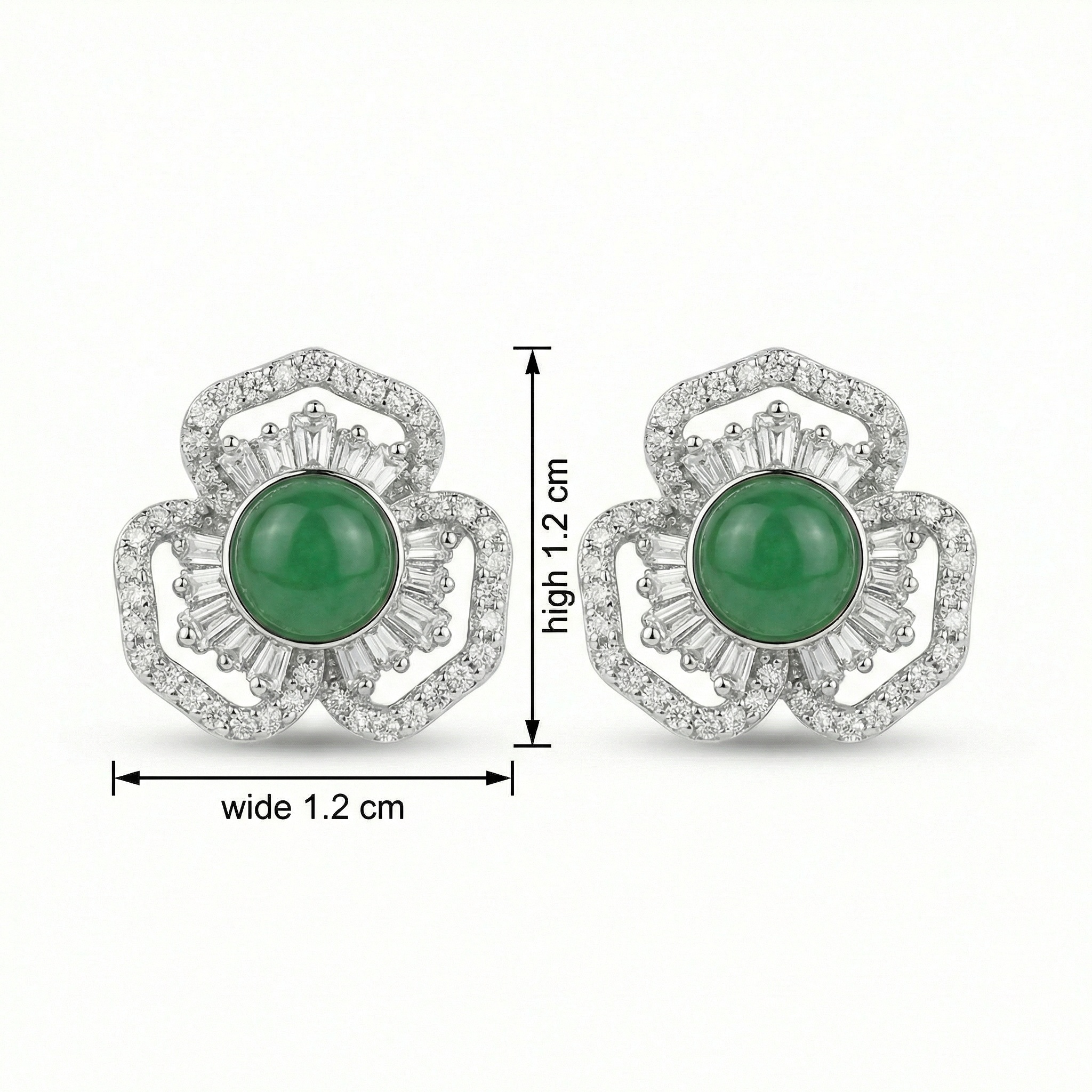 925 Sterling Silver Elegant Green Gemstone Flower Stud Earrings with Shimmering Baguette and Round Accents