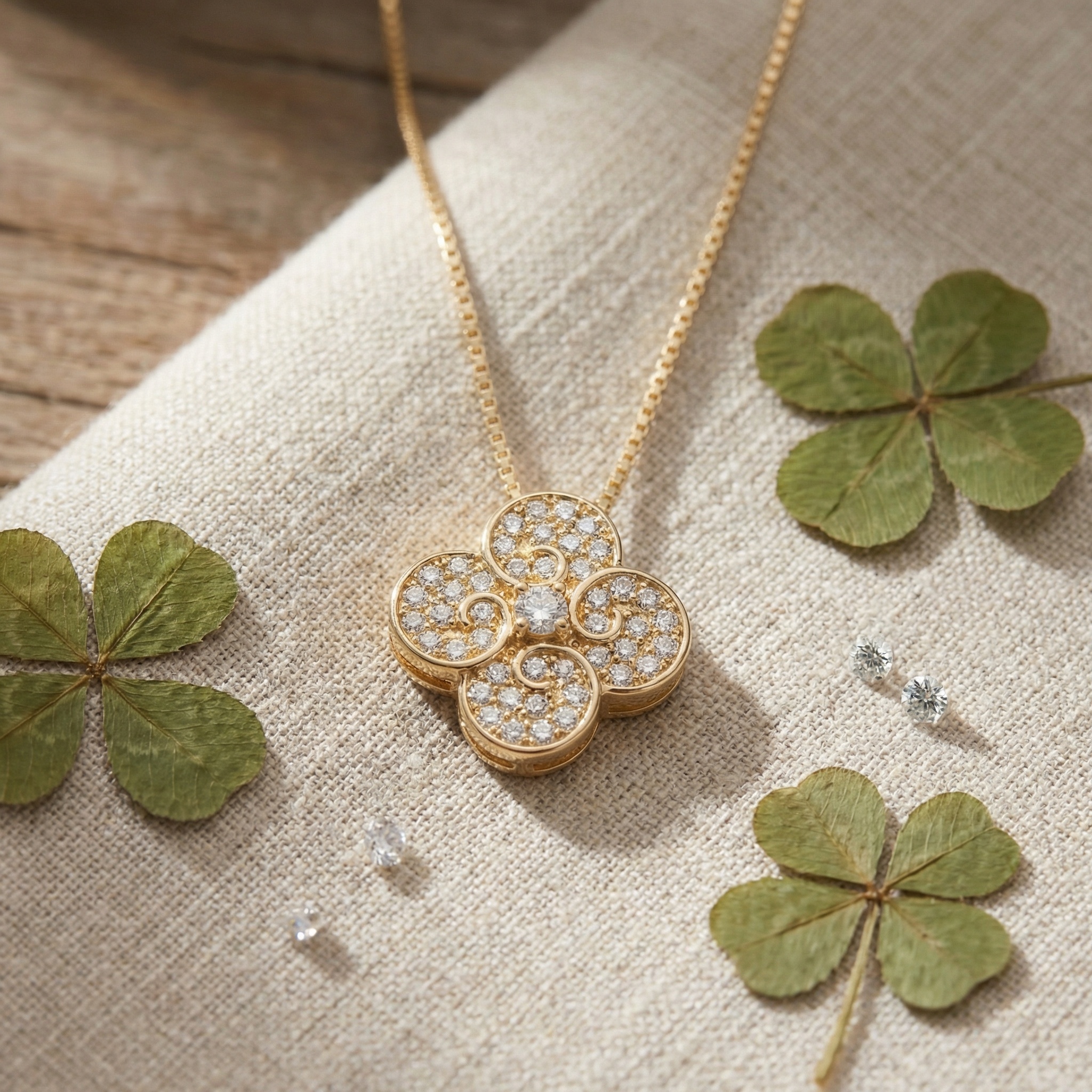 925 Sterling Silver Elegant Scrolled Diamond Clover Pendant Necklace with Fine Box Chain