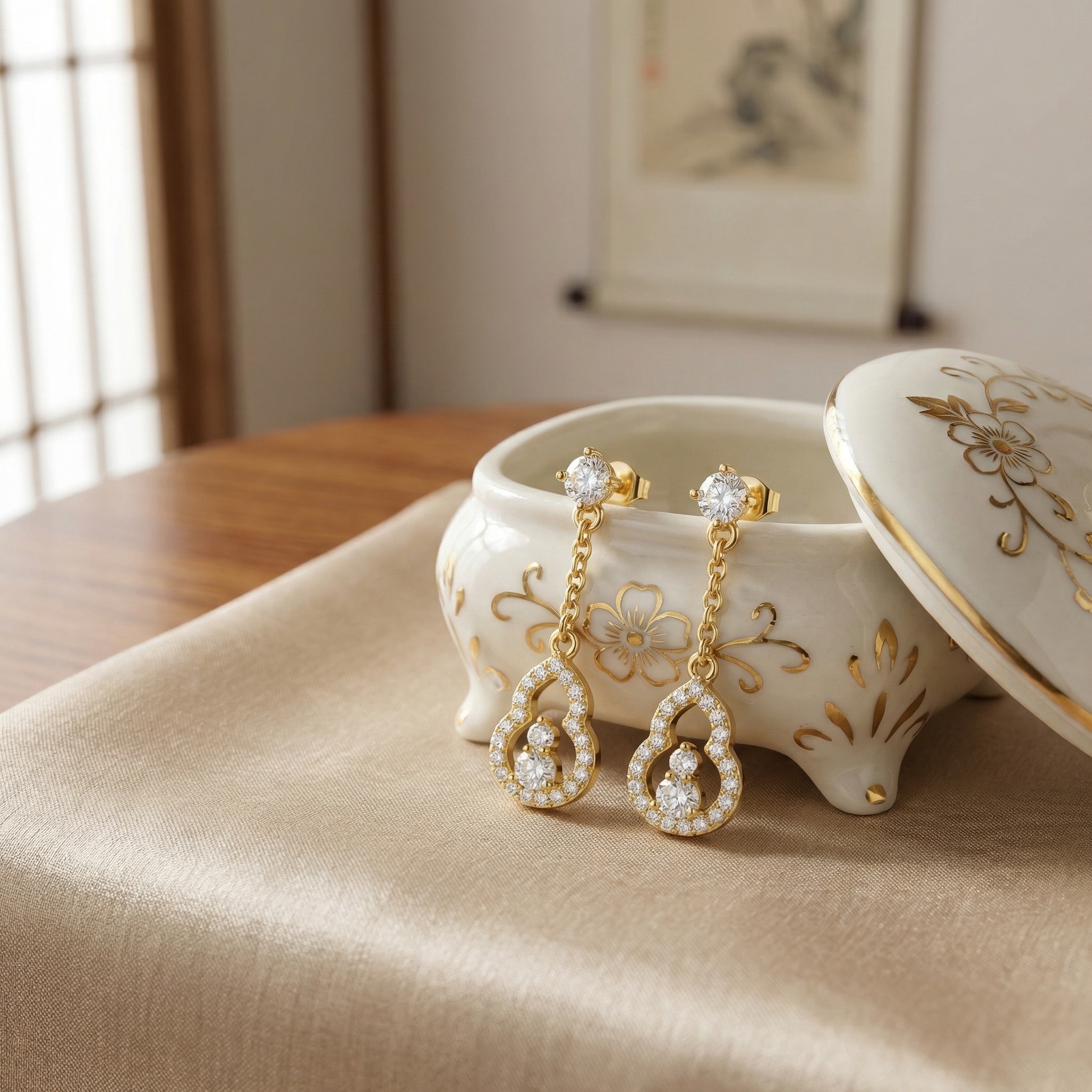 925 Sterling Silver Elegant Sparkling Gemstone Gourd Drop Earrings for Women 