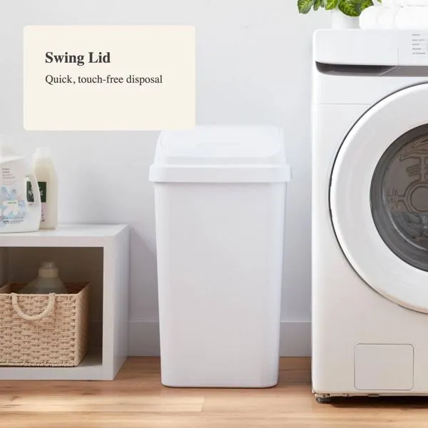 13 Gallon Swing Top Waste Basket, White Textured Plastic Kitchen Trash Can, Indoor Use