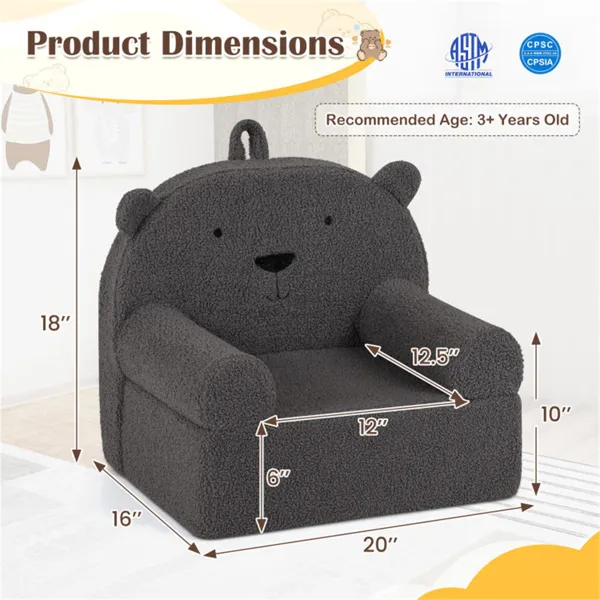 Bear-Shaped Kids Sofa, Teddy Fleece Foam Chair For Toddlers 3+, Portable Bear-Shaped Couch (Gray)