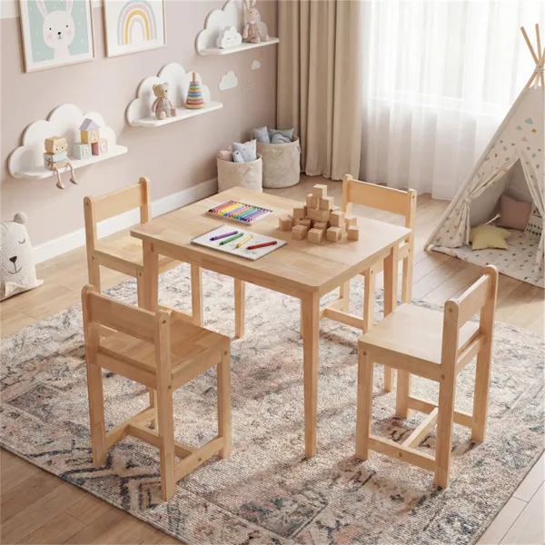 Kids Wooden Table And Chairs Set (1 Table + 4 Chairs), Rubber Wood Toddler Activity Set (Natural)