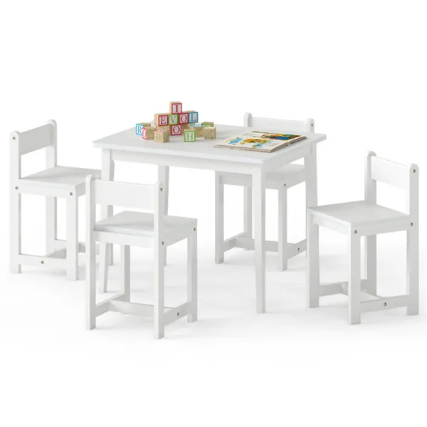 Kids Wooden Table And Chairs Set (1 Table + 4 Chairs), Rubber Wood Toddler Activity Set (White)
