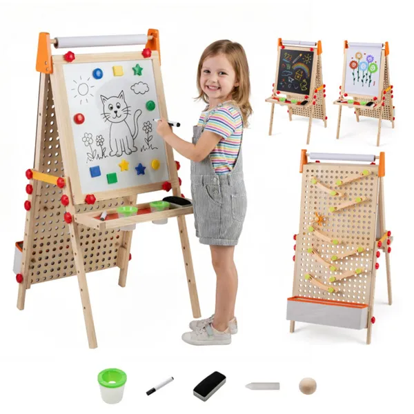 4-in-1 Kids Art Easel With Marble Run, Adjustable Height Double-Sided Drawing Easel With Paper Roll & Storage - Image 1