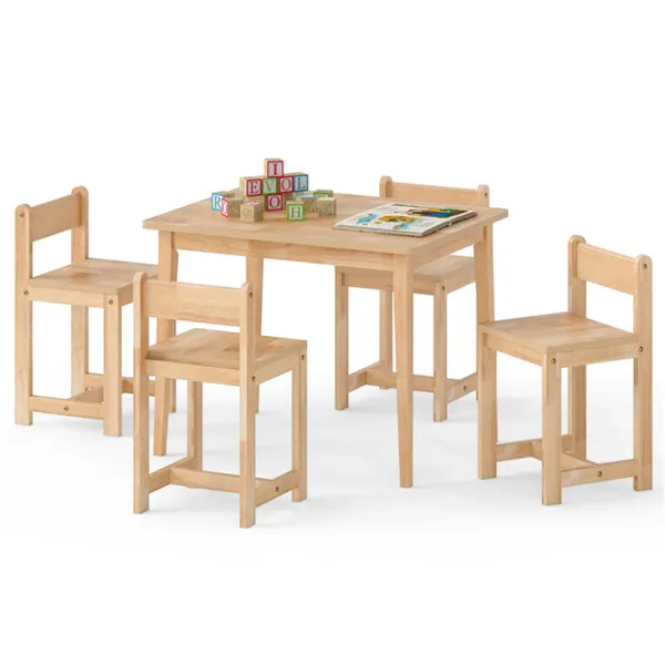 Kids Wooden Table And Chairs Set (1 Table + 4 Chairs), Rubber Wood Toddler Activity Set (Natural)