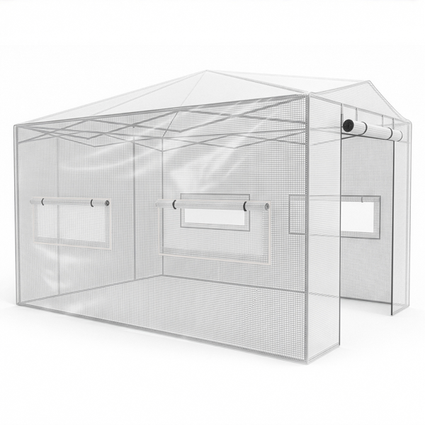 8x12ft Plastic Sprayed Iron Pipe PE Mesh Foldable Greenhouse Shed White