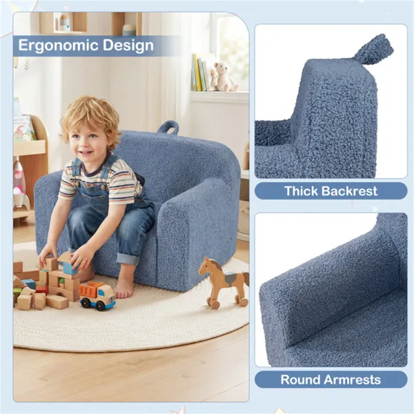 No-Assembly Kids Sofa, Soft Teddy Fleece Foam Couch With Carry Handle & Removable Washable Cover (Blue)