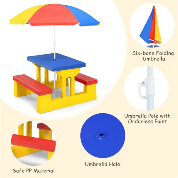 Children Outdoor Picnic Table Set With Foldable UV Protection Umbrella, Lightweight PP Kids Activity Table For Playing Eating -Yellow
