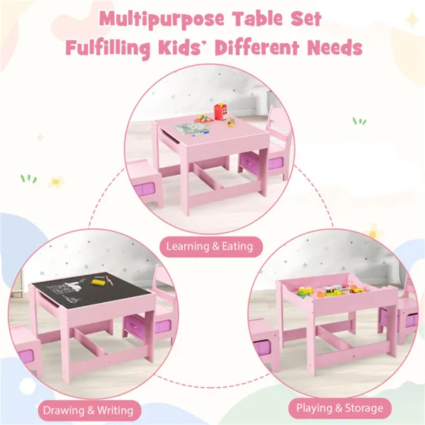 2-in-1 Kids Activity Table And Chairs Set, Double-Sided Whiteboard & Blackboard, With Hidden Storage, Certified Non-Toxic MDF, Perfect Gift For 3-7 Years Old (Pink)
