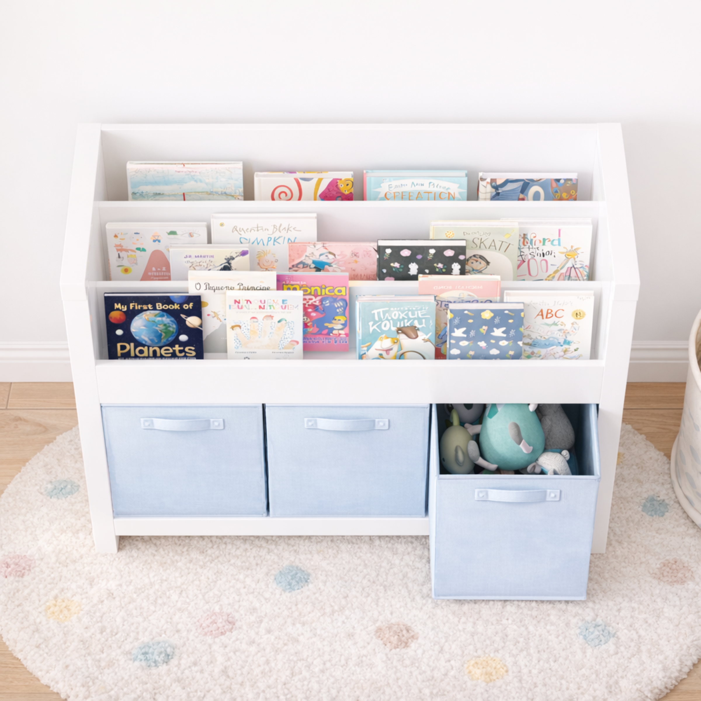 Kids Bookshelf With 3 Tier Front-Facing Storage And 3 Fabric Bins, Wooden Toddler Bookcase For Playroom, Nursery, Bedroom  Kids Book Organizer Shelf For Toys And Books