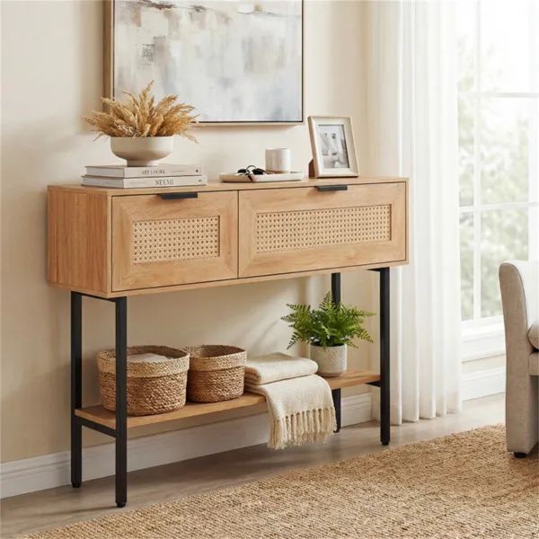 Natural Rattan Console Table With Storage Cabinets & Open Shelf, 40 Inch Entryway Table With Sturdy Carbon Steel Frame For Living Room, Hallway, Sofa Table_voghion.com