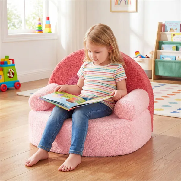 Pink Kids Sofa, Soft Teddy Fleece Foam Couch With Carry Handle & Removable Machine-Washable Cover