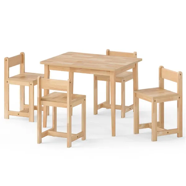 Kids Wooden Table And Chairs Set (1 Table + 4 Chairs), Rubber Wood Toddler Activity Set (Natural)