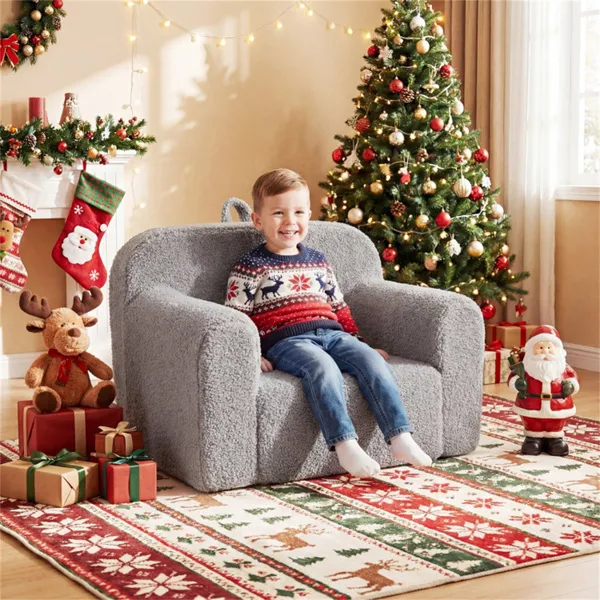 Kids Foam Sofa Chair With Teddy Fleece Fabric, Lightweight Portable Toddler Couch For Ages 3+ (Gray)