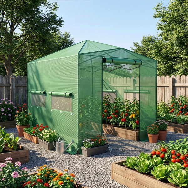 8 X 12ft Plastic Sprayed Iron Pipe PE Mesh Foldable Greenhouse Shed Green