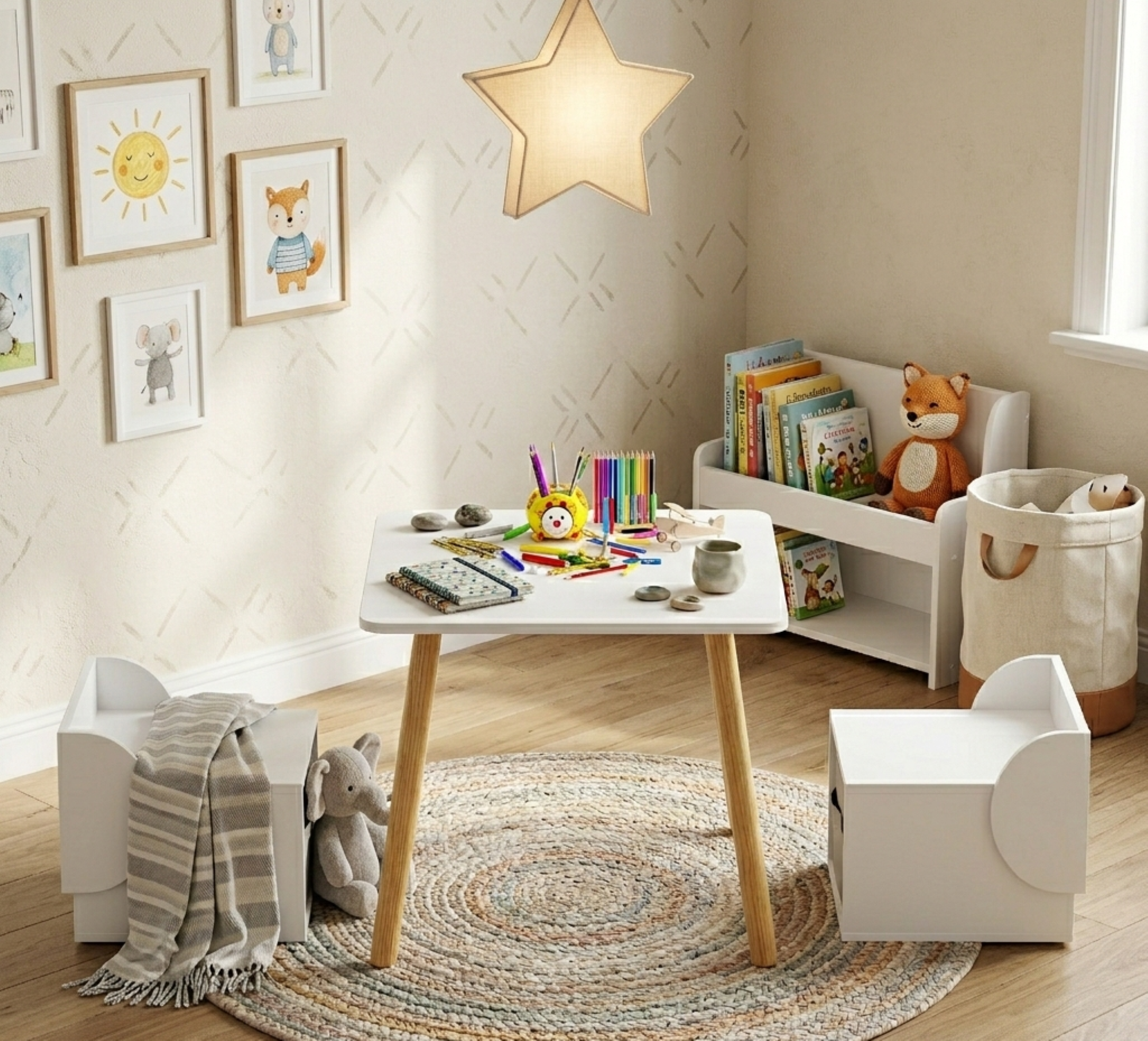 Kids Table And 2 Chair Set With Storage Bins, 3-Piece Toddler Activity Play Table For Arts & Crafts, Reading, Drawing, Wooden Children Furniture For Playroom & Bedroom, White & Natural - Image 1