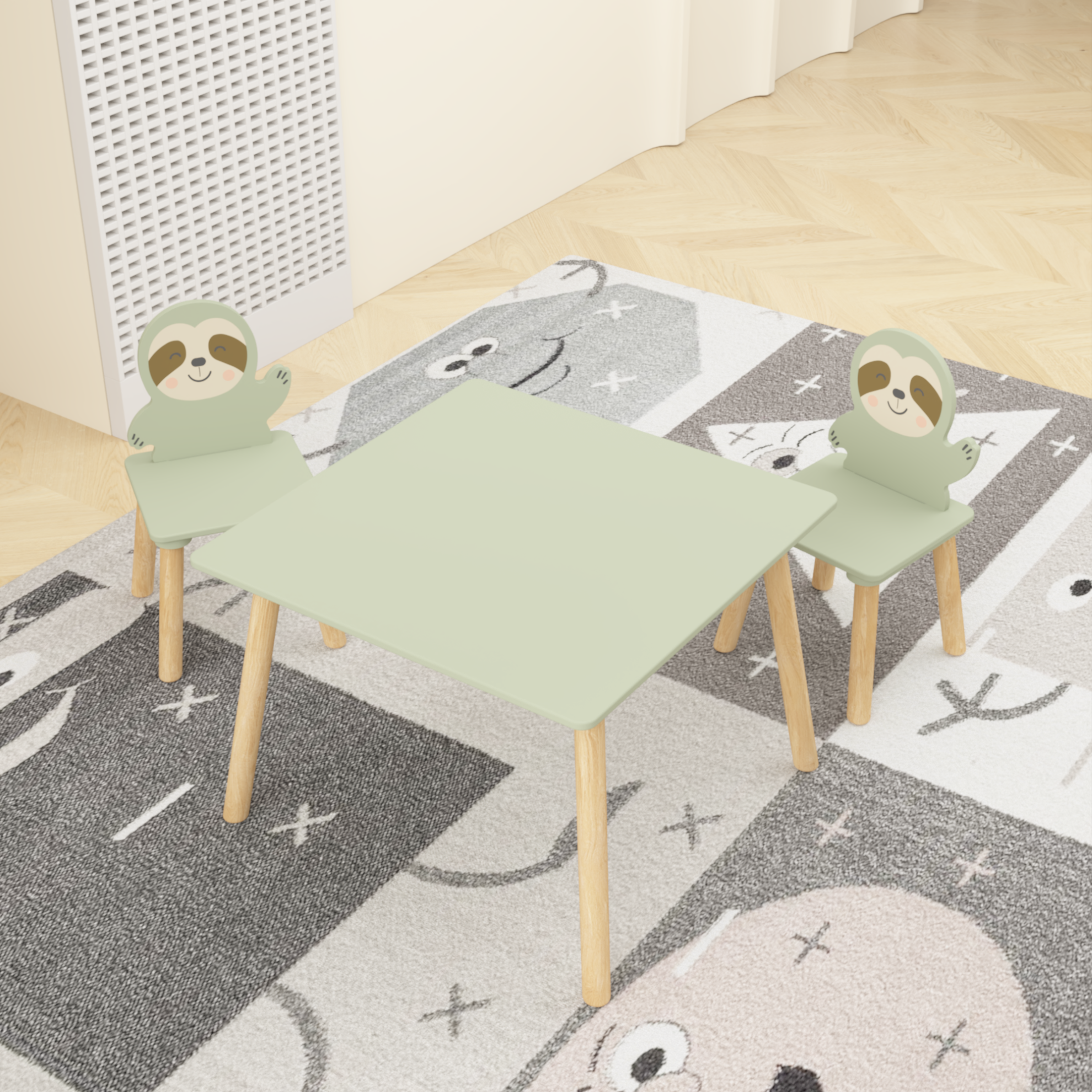 Kids Table And Chair Set With 2 Cute Sloth Chairs, Wooden Toddler Activity Table, Cute Animal Design Play & Study Set For Playroom, Bedroom, Classroom  Sage Green & Wood