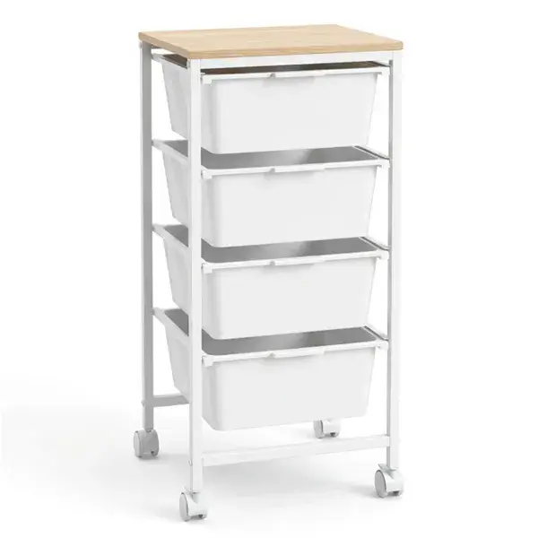 4-Drawer Rolling Storage Cart, Mobile Utility Organizer With MDF Wooden Top (Natural)