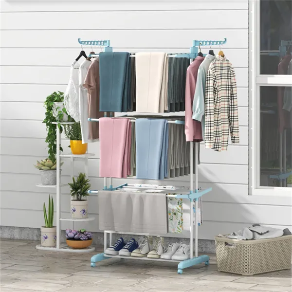 Blue 4-Tier Foldable Clothes Drying Rack With Wheels, Heavy Duty Metal Laundry Hanger Stand For Indoor Outdoor Use