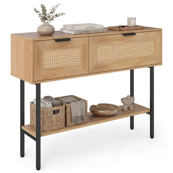 Natural Rattan Console Table With Storage Cabinets & Open Shelf, 40 Inch Entryway Table With Sturdy Carbon Steel Frame For Living Room, Hallway, Sofa Table_voghion.com