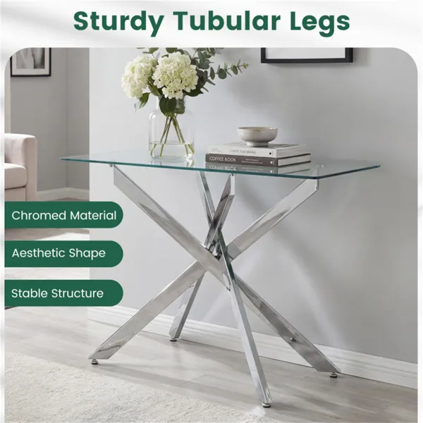 45 Inch Tempered Glass Entryway Table, Silver Chrome Metal Console Table With Adjustable Feet For Home Decor_voghion.com
