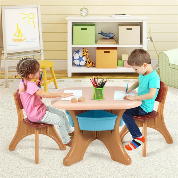 Brown Kids Table And 2 Chairs Set With 4 Storage Boxes, Toddler Activity Table For Drawing Playing Eating, Children Furniture For Indoor Outdoor