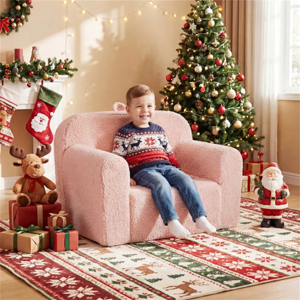 No-Assembly Kids Sofa, Soft Teddy Fleece Foam Couch With Carry Handle & Removable Washable Cover (Pink)