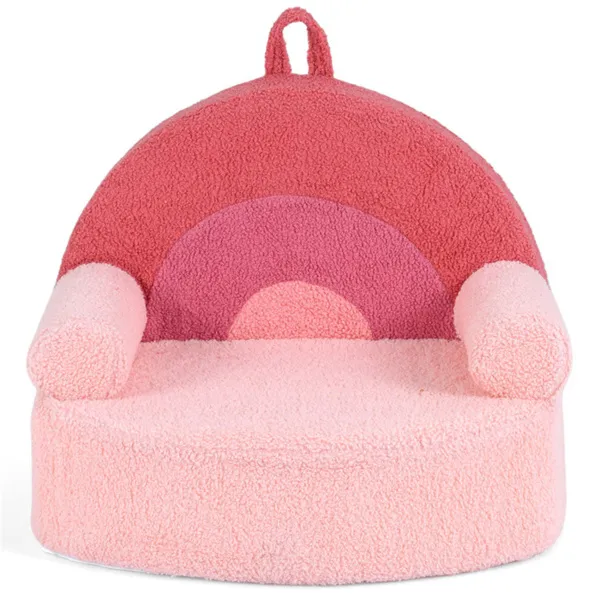 Pink Kids Sofa, Soft Teddy Fleece Foam Couch With Carry Handle & Removable Machine-Washable Cover