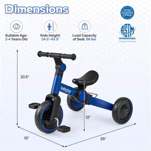5-In-1 Foldable Toddler Tricycle, Adjustable Handlebar & Ergonomic Seat With Removable Pedals - Blue
