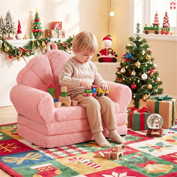 2-in-1 Flip Open Kids Sofa Lounger, Teddy Fleece Toddler Couch With Carry Handle For Ages 3+ (Pink)