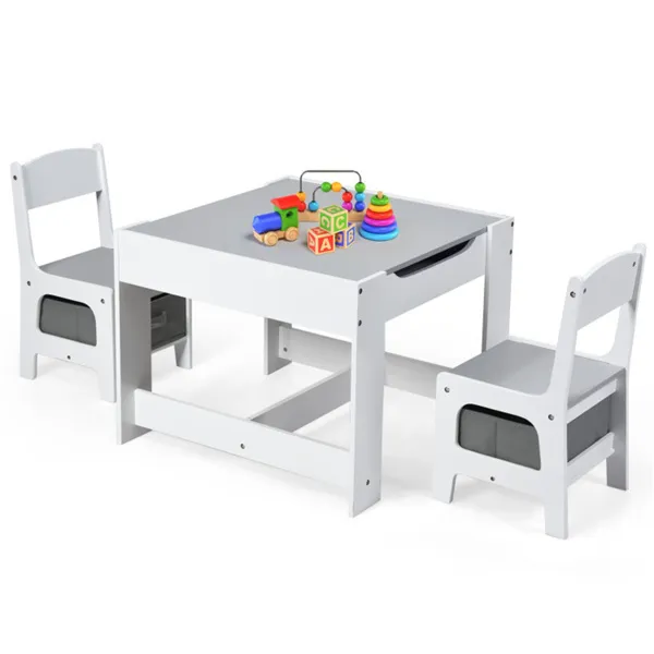 2-in-1 Kids Activity Table And Chairs Set, Double-Sided Whiteboard & Blackboard, With Hidden Storage, Certified Non-Toxic MDF, Perfect Gift For 3-7 Years Old (White)