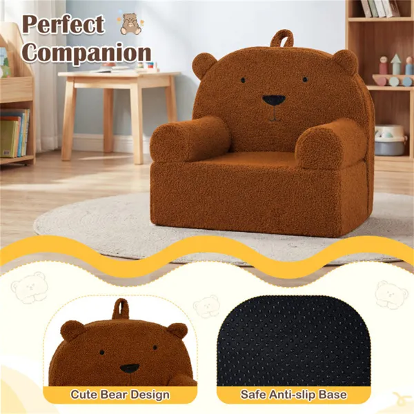 Bear-Shaped Kids Sofa, Teddy Fleece Foam Chair For Toddlers 3+, Portable Bear-Shaped Couch (Brown)