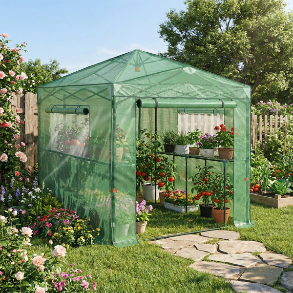 8x6ft Plastic Sprayed Iron Pipe PE Mesh Foldable Greenhouse Shed Green
