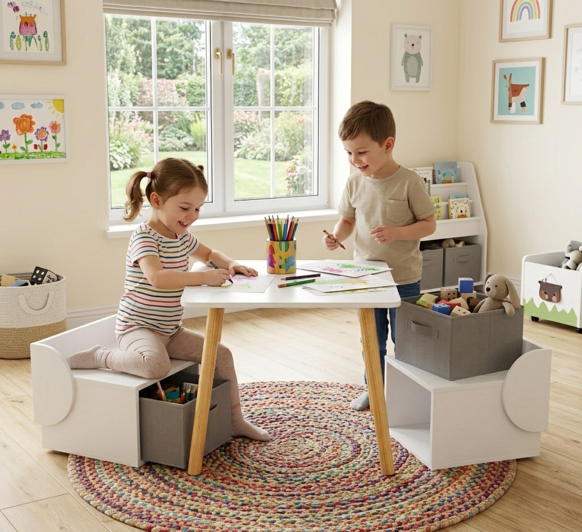 Kids Table And 2 Chair Set With Storage Bins, 3-Piece Toddler Activity Play Table For Arts & Crafts, Reading, Drawing, Wooden Children Furniture For Playroom & Bedroom, White & Natural