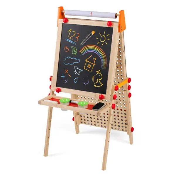 4-in-1 Kids Art Easel With Marble Run, Adjustable Height Double-Sided Drawing Easel With Paper Roll & Storage