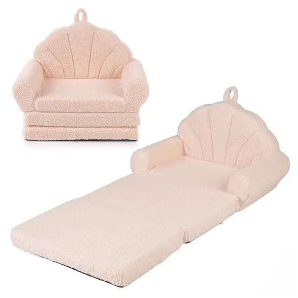 2-in-1 Flip Open Kids Sofa Lounger, Teddy Fleece Toddler Couch With Carry Handle For Ages 3+ (Beige)