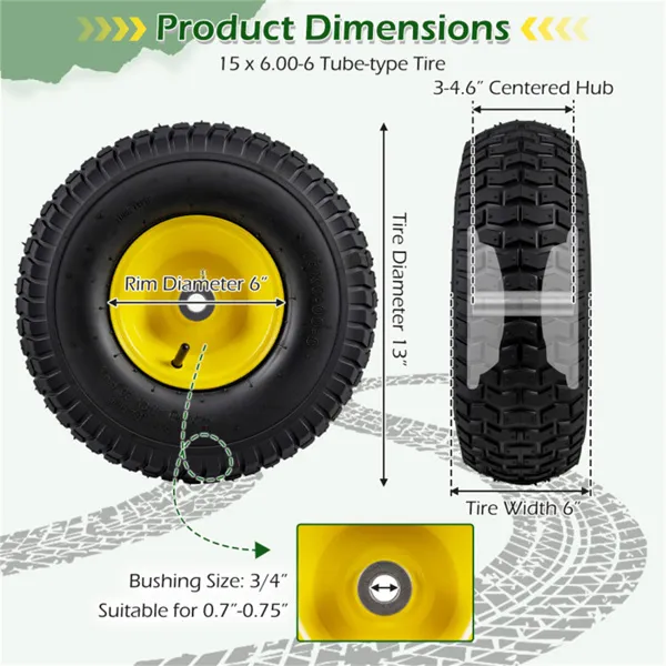 Versatile 15x6.00-6 Pneumatic Tires, Fit Most Mainstream Riding Lawn Mowers & Garden Carts