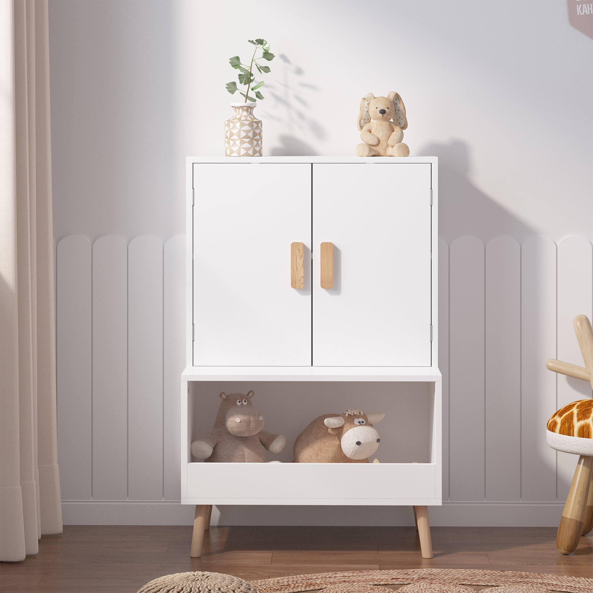 Kids Toy Storage Cabinet With Doors And Open Shelf, White Modern Wooden Organizer With Natural Wood Legs, Toddler Bookshelf For Playroom, Nursery, Bedroom - Image 1