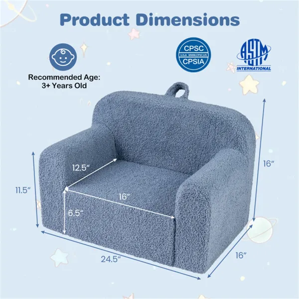 No-Assembly Kids Sofa, Soft Teddy Fleece Foam Couch With Carry Handle & Removable Washable Cover (Blue)
