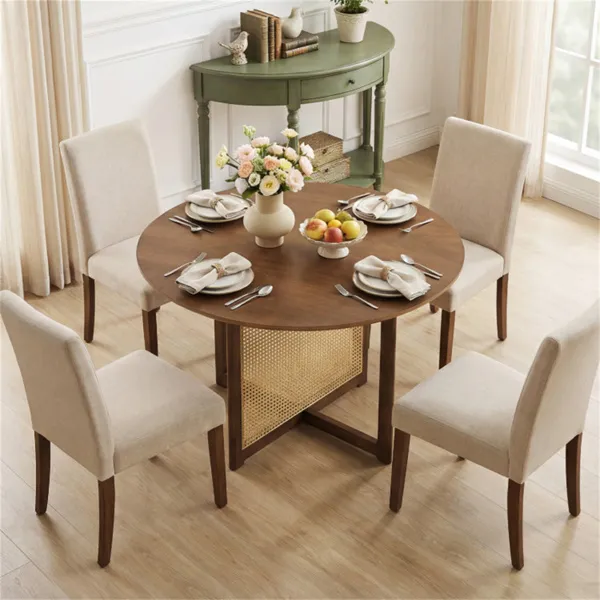 37.5" Round Dining Table For 2-4 People, Mid-Century Modern Kitchen Table With PE Rattan & Rubber Wood Legs