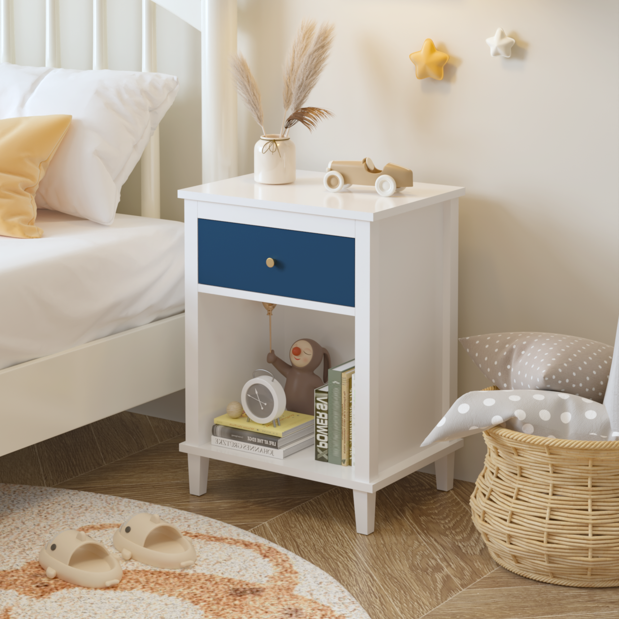 26.77'H Wooden Nightstand With One Drawer One Shelf For Kids, Adults, Navy Golden Handle - Image 1