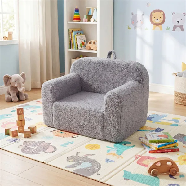 Kids Foam Sofa Chair With Teddy Fleece Fabric, Lightweight Portable Toddler Couch For Ages 3+ (Gray)