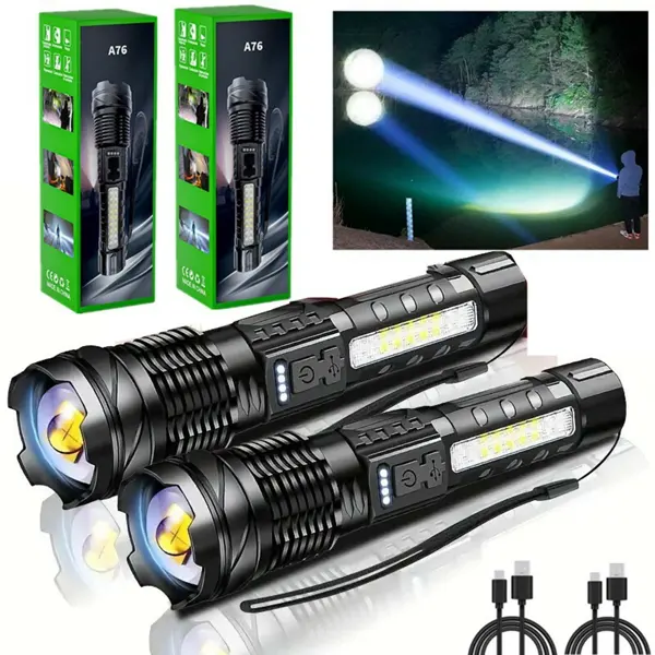 2Pack-USB Rechargeable LED Flashlight Adjustable Focus Camping