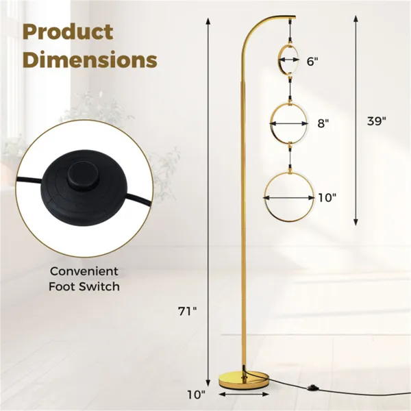 3-Circle LED Floor Lamp, Gold Standing Lamp With Adjustable Brightness & 3 Color Temperatures