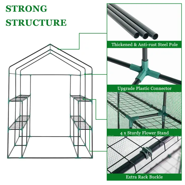 143x143x195cm Black Iron Pipe Steeple With 8 Pieces Grid Flower Stand With Zipper Rolling Door PE Cloth Greenhouse-SAME AS 54690859