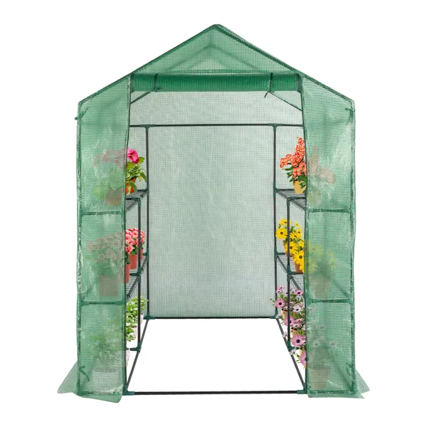 143x143x195cm Black Iron Pipe Steeple With 8 Pieces Grid Flower Stand With Zipper Rolling Door PE Cloth Greenhouse-SAME AS 54690859