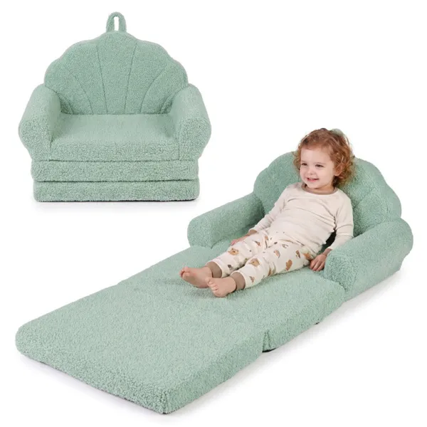 2-in-1 Flip Open Kids Sofa Lounger, Teddy Fleece Toddler Couch With Carry Handle For Ages 3+ (Green)