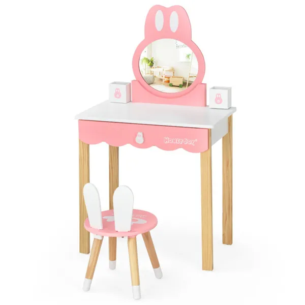 Kids Rabbit Vanity Table Set With Removable Shatter-Proof Mirror, Pink & White Makeup Desk With Drawer And Chair For Girls