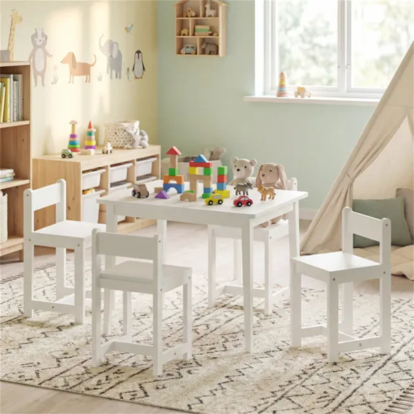 Kids Wooden Table And Chairs Set (1 Table + 4 Chairs), Rubber Wood Toddler Activity Set (White)